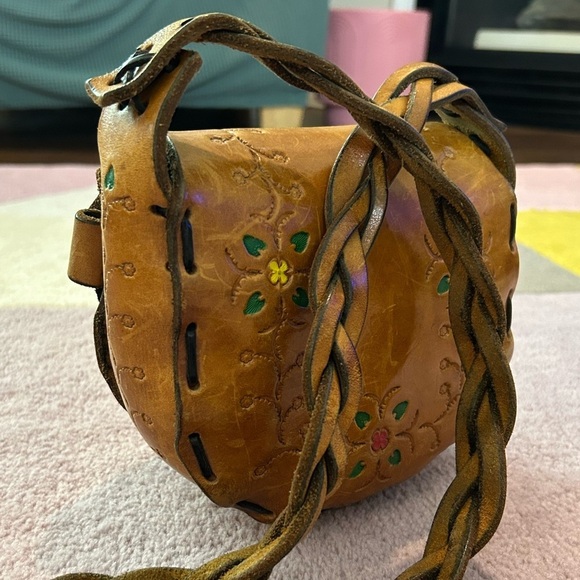 Vtg 70s Tooled Thick Stitch Flower Leather Braided Painted Bohemian Shoulder Bag - Picture 16 of 16